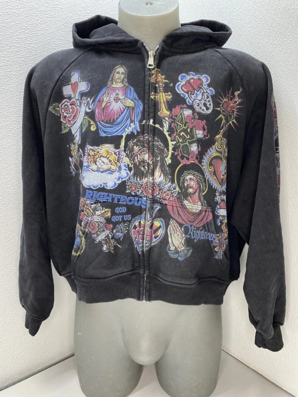 Righteous Unisex Hoodie Black/Multi Size L Risen King Cropped Full Zip Up